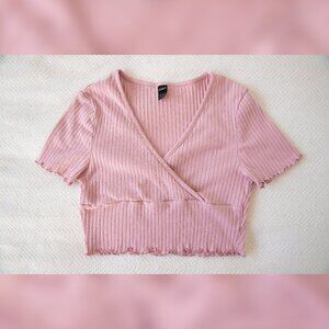 SHEIN Surplice Neck Lettuce Trim Rib-knit Tee